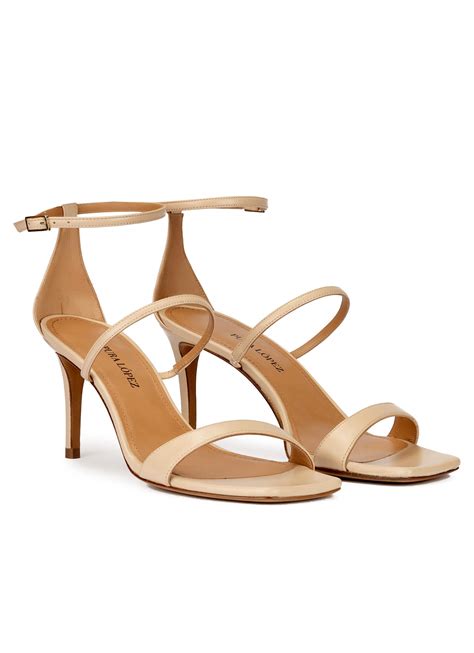 Beige Leather Squared Off Toe Mid Heel Sandals Pura Lopez