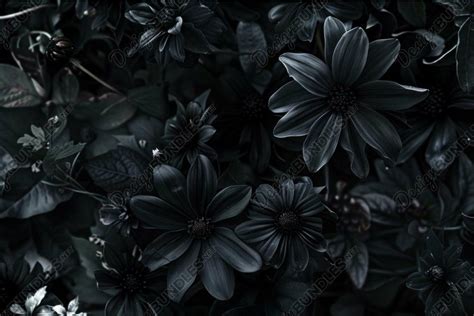 Dark floral background with black flowers blooming in the ga