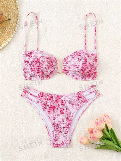 SHEIN Swim Conjunto De Bikini Para Mujer Estampada Fruncida Con Parte