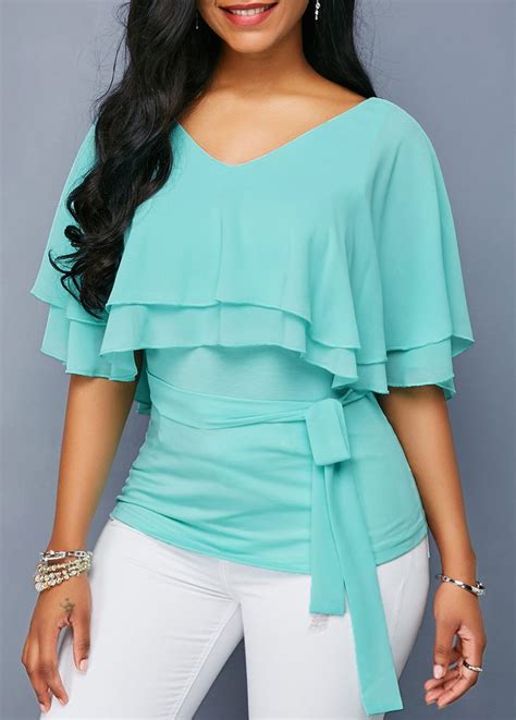 Belted V Neck Chiffon Layered Mint Green Blouse Liligal Usd