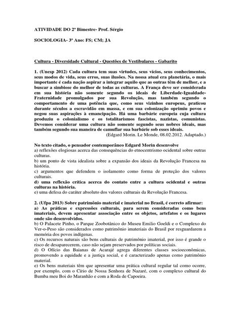 Atividade De Sociologia 2º Bimestre 3º Ano Fs Cm E Ja Prof Sérgio