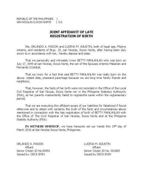 Joint Affidavit Of Late Registration Of Birth Pdf