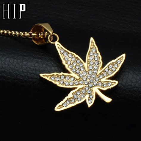 HIP Hop Bling Ice Out Full Rhinestone Cannabiss Maple Leaf Necklaces