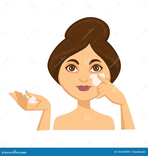 Young Woman Applying Moisturizing Lotion On Her Face Stock Vector