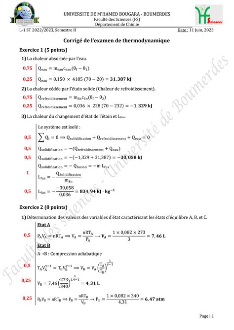 SOLUTION Corrig De L Examen De Thermodynamique 2022 2023 Studypool