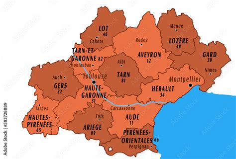 Administrative map of Occitanie region in France with departements ...