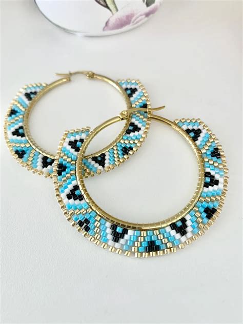 Beaded Hoop Earrings Hoop Earrings Blue Earrings Seed Bead Etsy