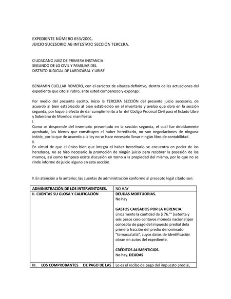 Tercera Sección Intestamentario 2 EXPEDIENTE NÚMERO 653 2001 JUICIO