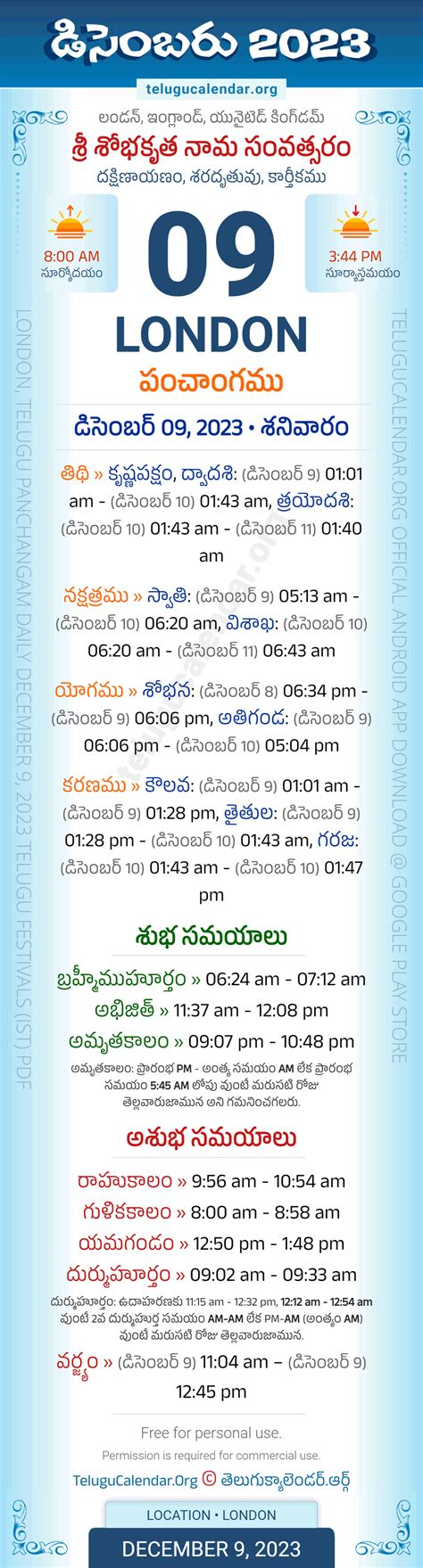 London December 9 2023 Telugu Panchangam