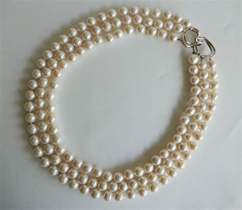 Three Strand White Cultured Pearls 925 Sterling Silver Necklace For