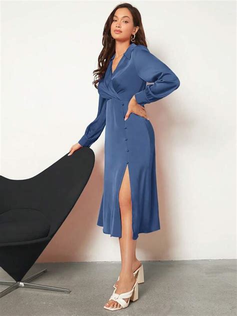 Shein Bizwear Solid Split Thigh Satin Dress Workwear Shein Usa