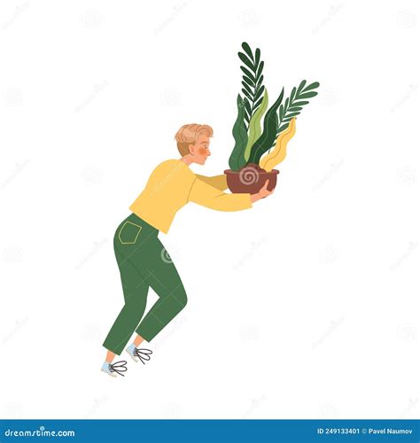 Man Character Caring About Planet Holding Flowerpot With Green Plant