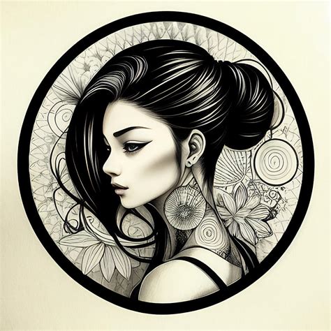 Profile Portrait Of Irezumi Woman In Circle Digital Art By Ellen Davis