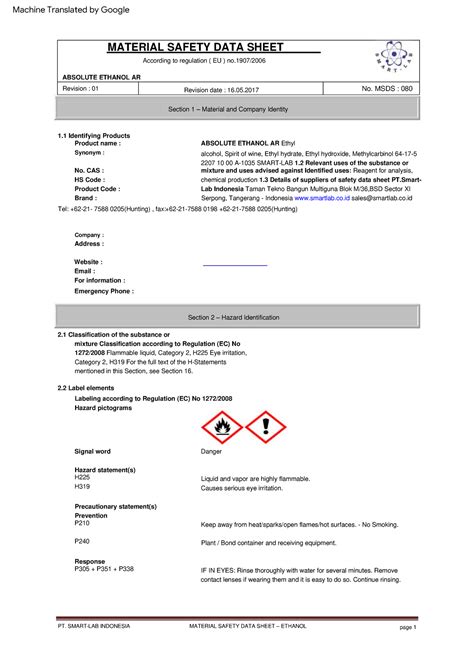 MSDS Ethanol Msds MATERIAL SAFETY DATA SHEET Plant Bond Container