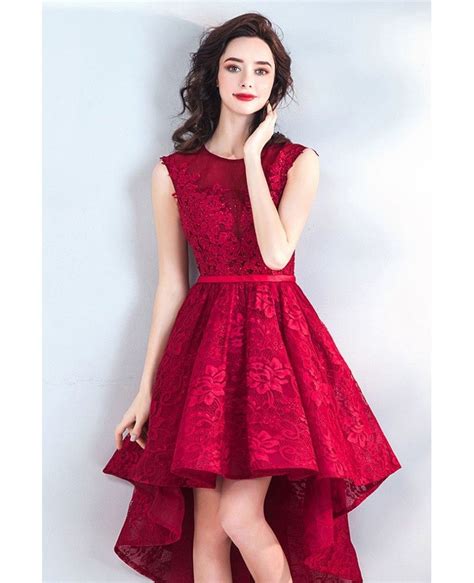 Chic High Low Burgundy Red Lace Party Prom Dress Hi Lo Wholesale