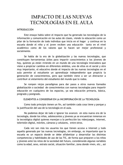 Ensayo Impacto De Las Nuevas Tecnologías En El Aula Pdf Tecnología