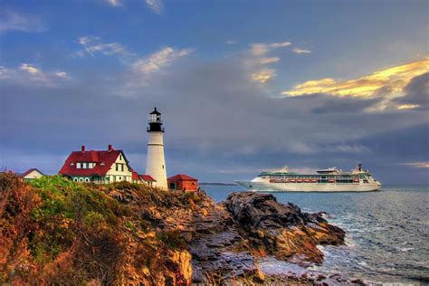 Portland Head Light Sunrise with Cruise Ship Photograph by Joann Vitali ...