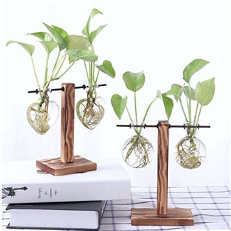 Desktop Glass Libra Planter Bulb Vase Hanging With Retro Solid Wooden Stand For Hydroponics