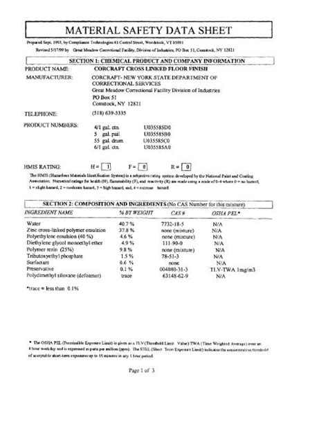 Cross Linked Floor Finish MSDS Sheet - Corcraft