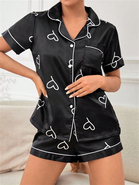 Heart Print Contrast Piping Satin Pj Set Shein Usa