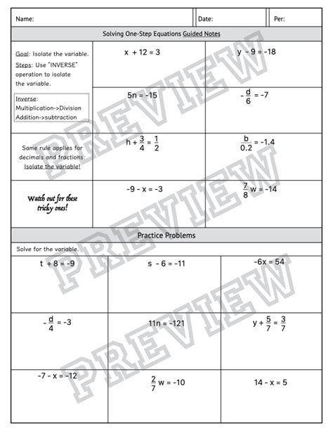 Solving One Step Equations Mini Lesson Guided Notes And Practice Made