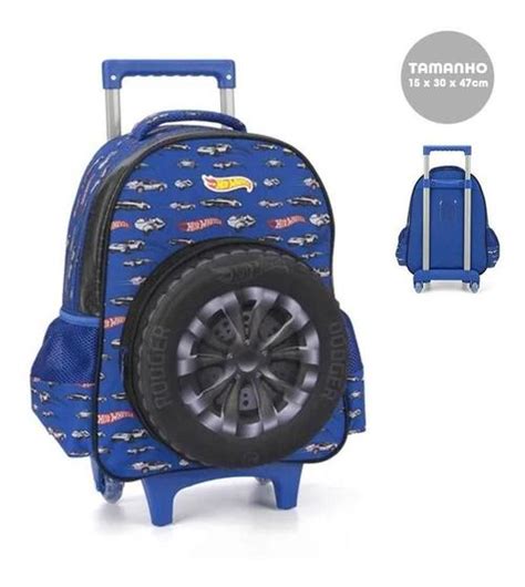 Mochila Escolar Infantil Carrinho Rodinhas HOT WHEELS Detalhe De Roda Em 3D Emborrachada