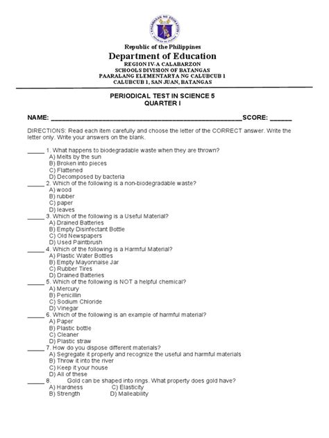 1st Periodical Test In Science Pdf Waste Landfill