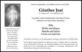 Traueranzeigen von Günther Jost WirTrauern