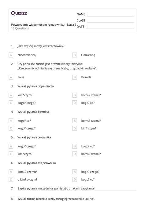 Ponad Rzeczowniki Arkuszy Roboczych Dla Klasa W Quizizz Darmowe