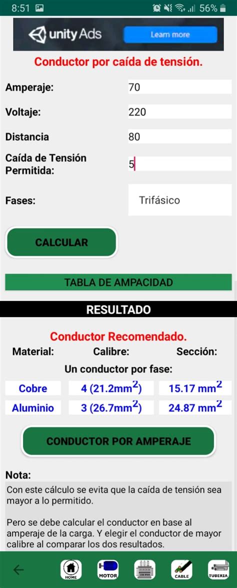 Cálculo de sección de cable por caída de tensión