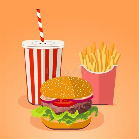 Fast Food Minimalistic Flat Vector Illustration Of Tasty Burger Cold Drink And Fries Stock