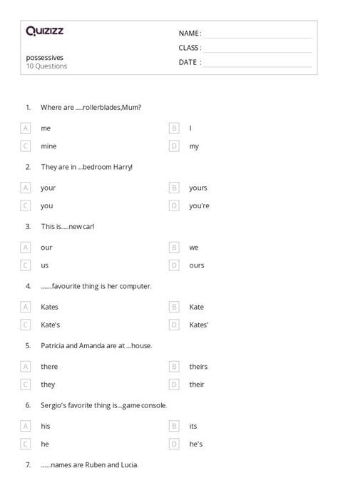 Singular Possessives Worksheets For Th Class On Quizizz Free