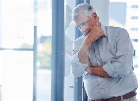 Office Window And Mature Man With Thinking For Business Future