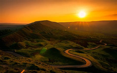 Download wallpapers Derbyshire, Peak District, sunset, green hills, sun, road, England for ...