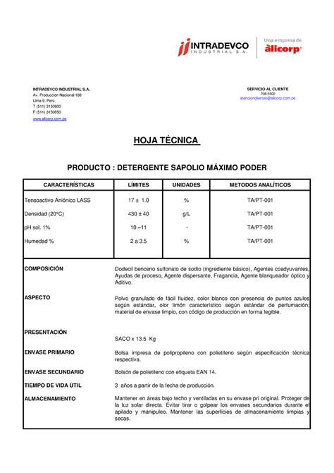 Ficha Tecnica Detergente En Polvo Intradevco Industrial S Av