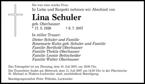 Traueranzeigen Von Lina Schuler Saarbruecker Zeitung Trauer De