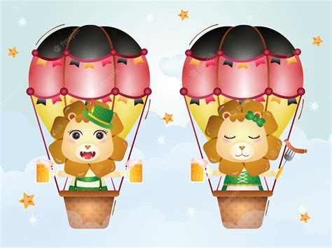 Premium Vector Cute Lion On Hot Air Balloon With Traditional
