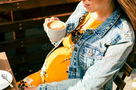 Drink Coffee Pregnant Woman Happy Pregnancy Girl Drink Hot Coffee In