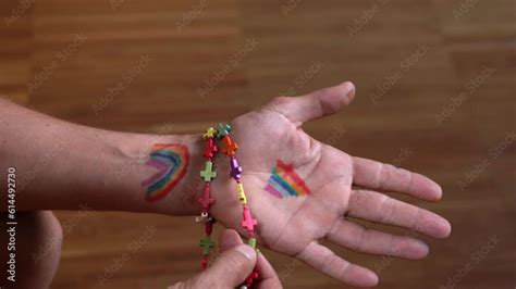 Hand Drawn Rainbow Symbol Of Peace And Freedom With Catholic Rosary