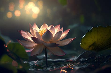 Beautiful Lotus Flower Or Water Lily And Leaves In A Pond With Sunlight