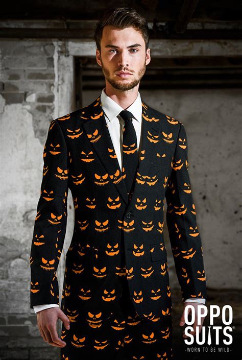 Creepy Cool Black Halloween Suit Featuring a Pattern of Orange Jack-o ...