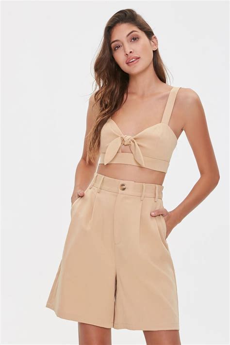 Tie Front Crop Top And Shorts Set