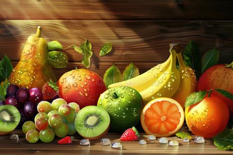 Vibrant Fruit Assortment On A Wooden Surface Fresh And Juicy With