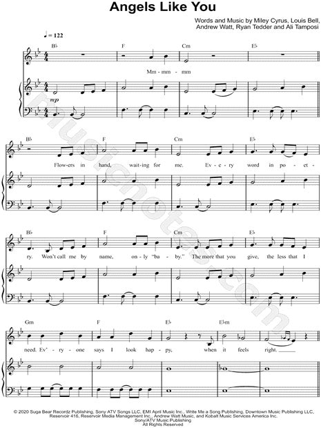 Miley Cyrus Angels Like You Sheet Music In Bb Major Transposable