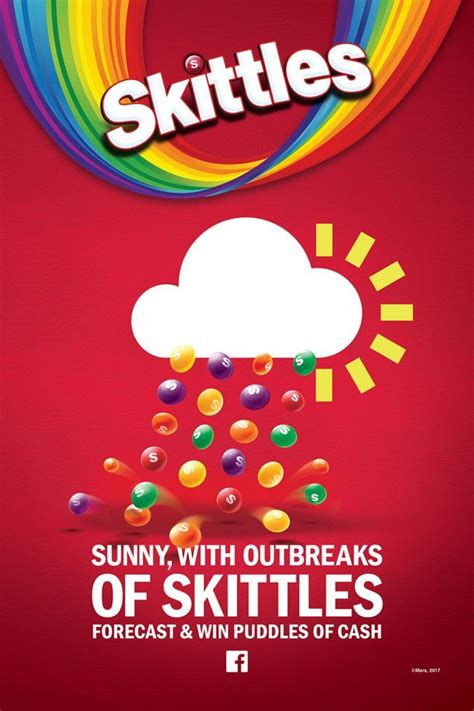 an advertisement for skittles with the words sunny, with outbreaks of ...