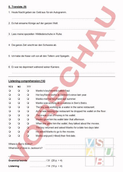 Arbeitsblatt Test Unit 2 NHLe Englisch Gemischte Themen