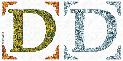 Letter D. Vector. Decorative alphabet on white background. Isolated ... 