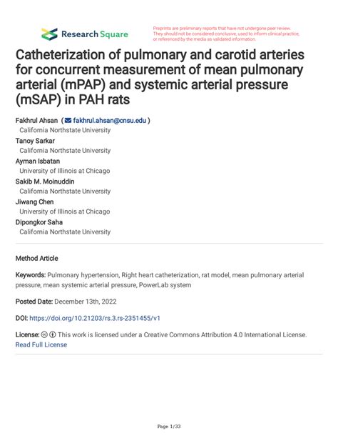 Pdf Catheterization Of Pulmonary And Carotid Arteries For Concurrent Measurement Of Mean