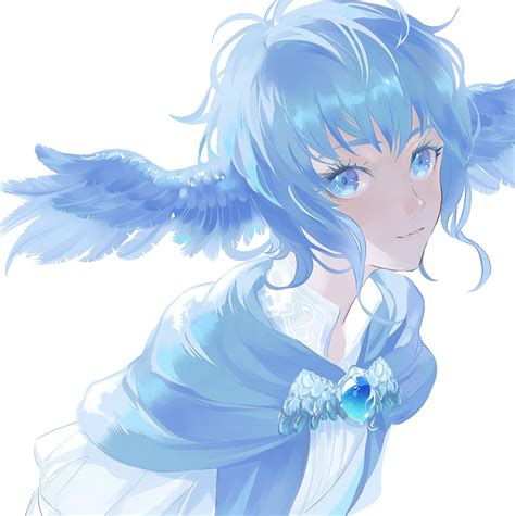 Safebooru 1girl Blue Capelet Blue Eyes Blue Hair Brooch Capelet En Enxxx Feathered Wings