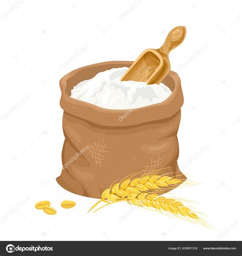 Sack Wheat Flour Golden Ears Isolated White Vector Cartoon Illustration